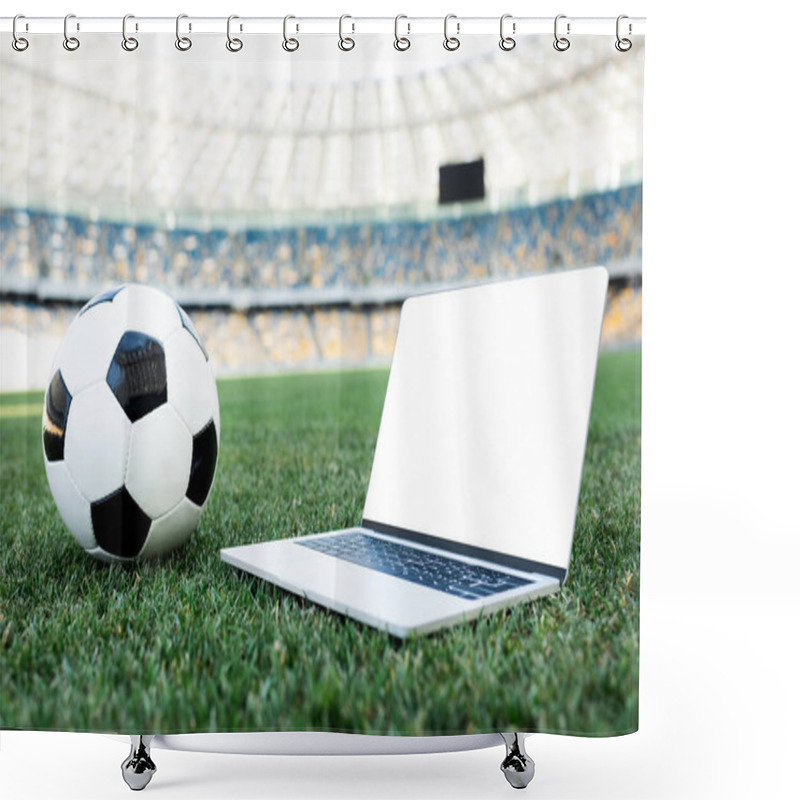 Personality  Soccer Ball And Laptop With Blank Screen On Grassy Football Pitch At Stadium Shower Curtains