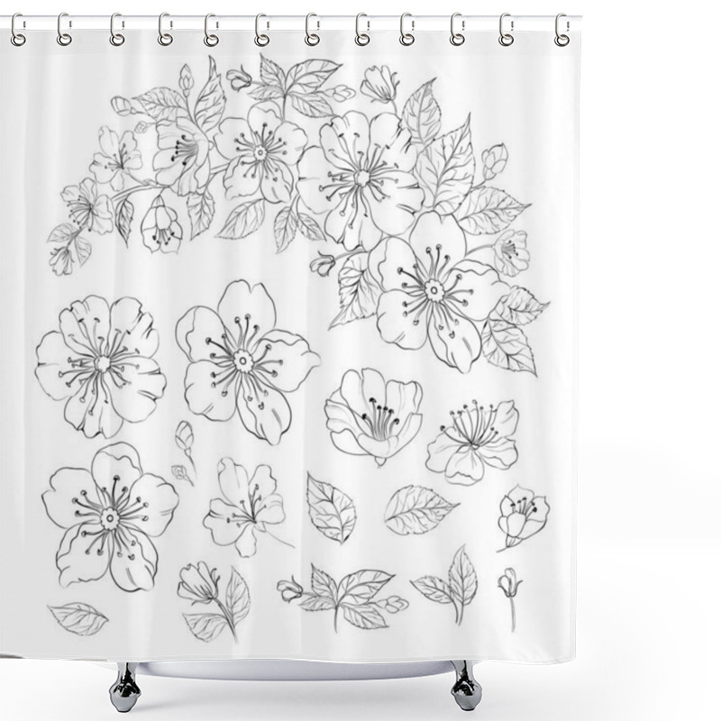 Personality  Set Of Sakura Flowers Elements. Collection Of Blooming Prunus Flowers On A White Background. Shower Curtains