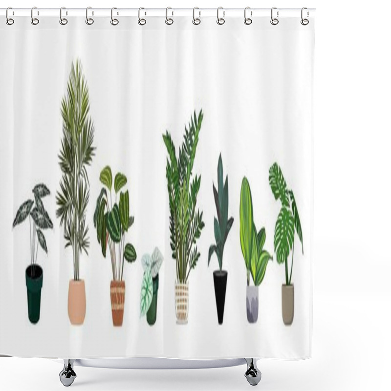 Personality  Indoor Plants Vector Illustrations Set. Realistic House Plants In Hand Made Pots. Exotic Flowers With Stems And Leaves. Palms, Monstera, Philodendron, ZZ Plant Isolated Botanical Design Elements. Shower Curtains