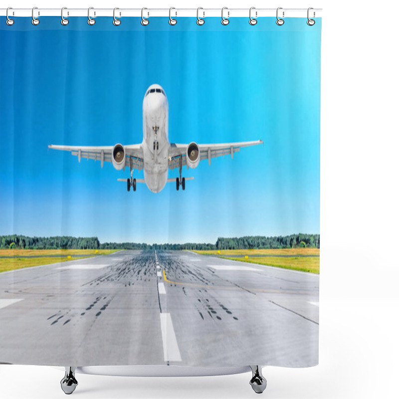 Personality  Airplane Aircraft Flying Departure After Flight, Landing On A Runway In The Good Weather Clear Sky Day Shower Curtains