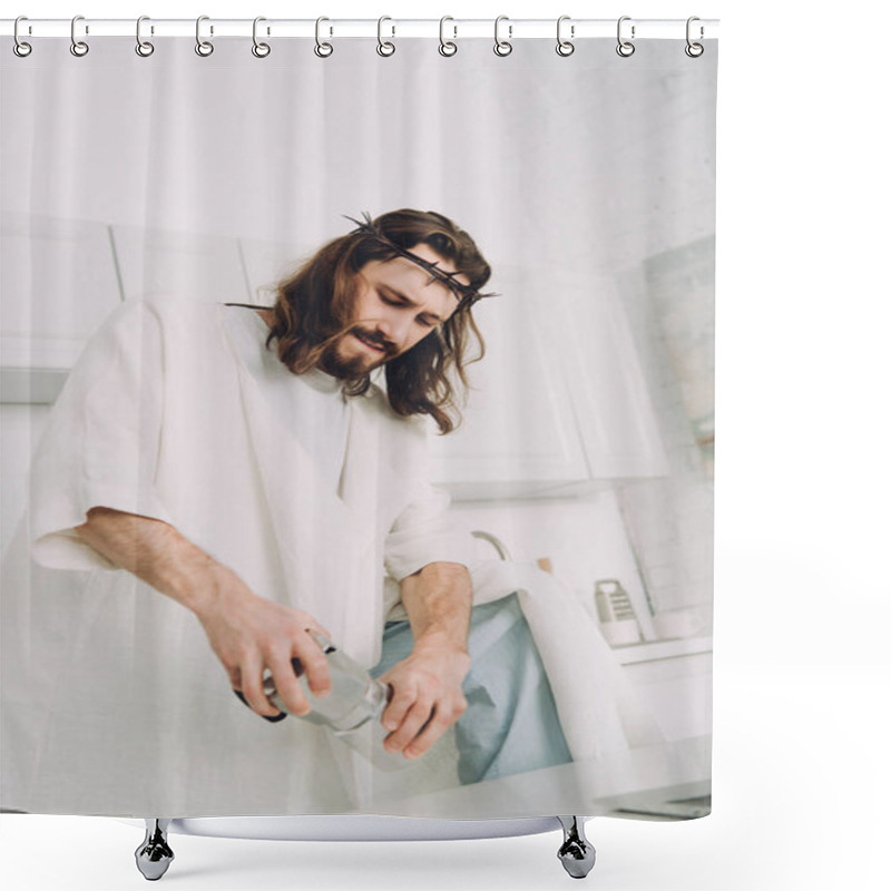 Personality  Low Angle View Of Jesus Grinding Coffee Beans With Hands In Manual Coffeemill In Kitchen At Home Shower Curtains