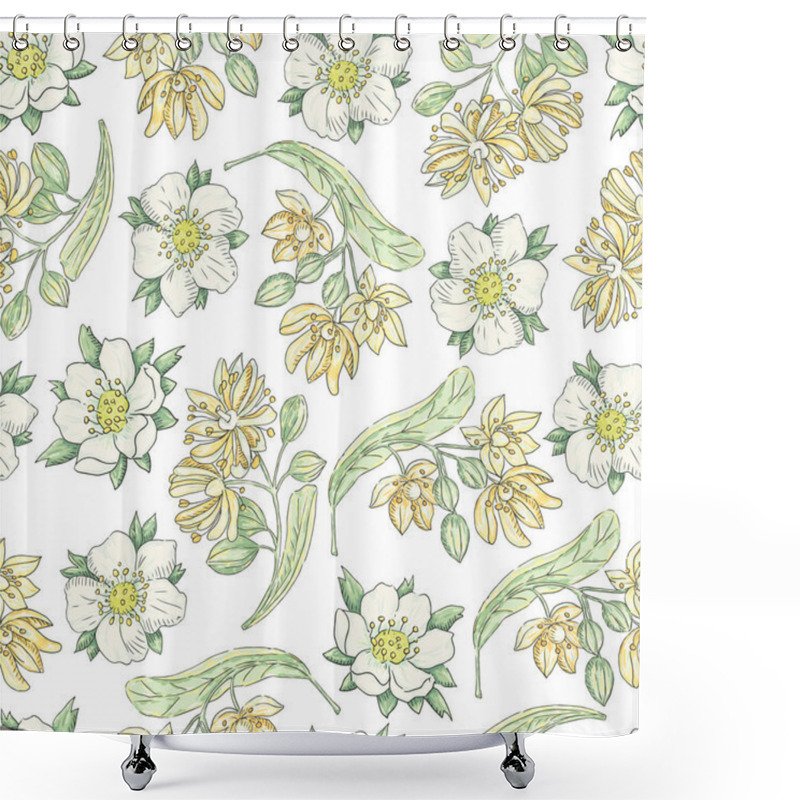 Personality  Vector Seamless Pattern With Linden Flowers And Strawberry Flowers Shower Curtains