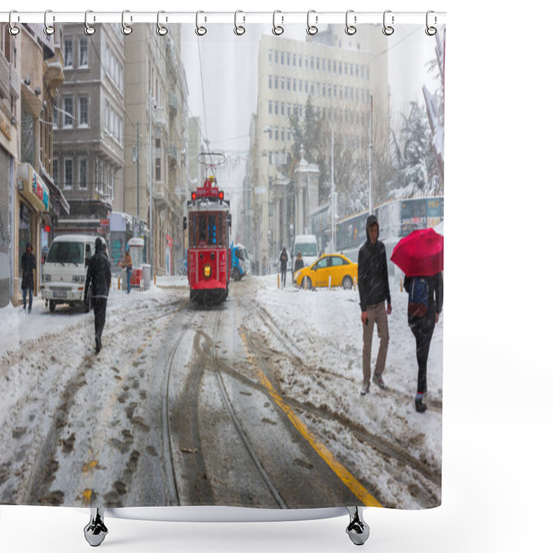 Personality  ISTANBUL, TURKEY - JANUARY 7, 2017: Snowy Day In Taksim, Beyoglu. Nostalgic Tram In Istiklal Street. Taksim Istiklal Street Is A Popular Destination In Istanbul, Turkey. Shower Curtains