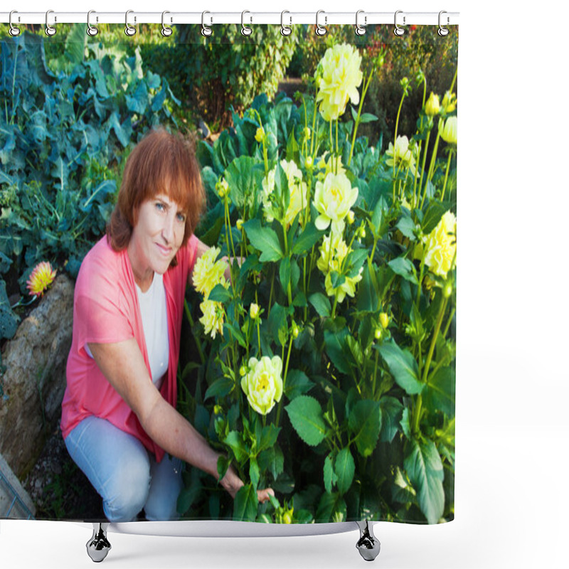 Personality  Woman In The Garden Cares For Flowers Shower Curtains