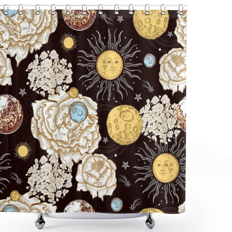 Personality  Seamless Pattern. Faces Of The Sun And Moon. Planets, Flowers And Stars. Space. Engraving Style. Shower Curtains