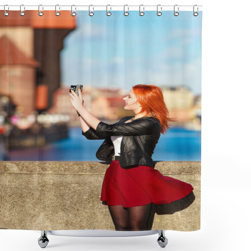 Personality  Fashionable Tourist Girl Taking Picture With Camera Old Town Gdansk Shower Curtains