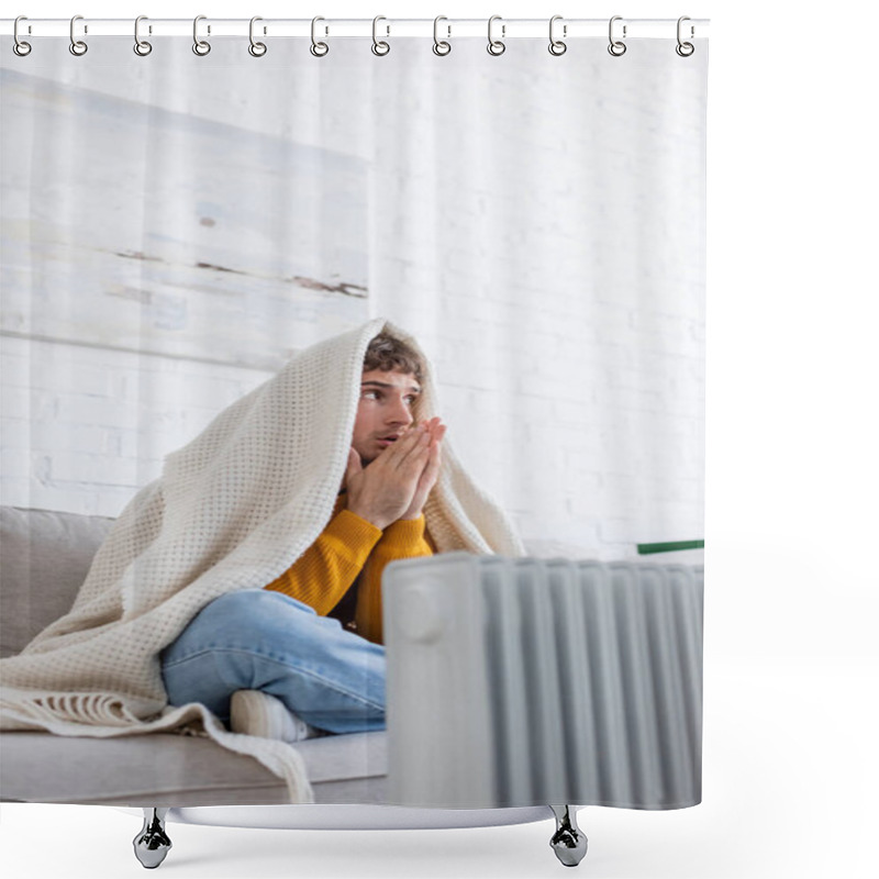 Personality  Young Man Covered In Blanket Sitting On Sofa And Warming Up Hands Near Radiator Heater Shower Curtains