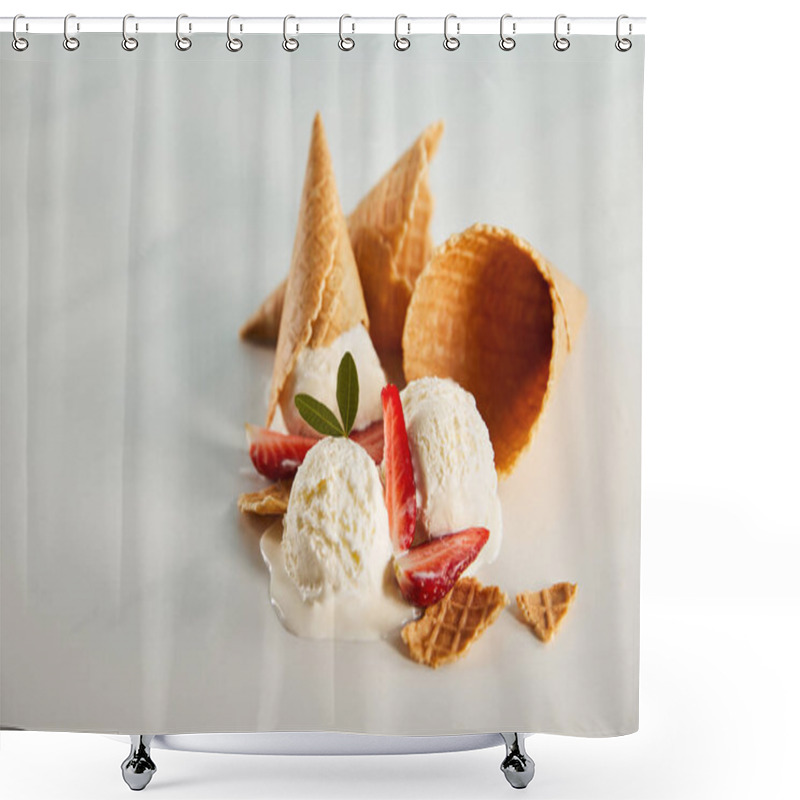 Personality  Waffle Cones And Delicious Melting Ice Cream With Strawberries On Grey Table With Copy Space Shower Curtains