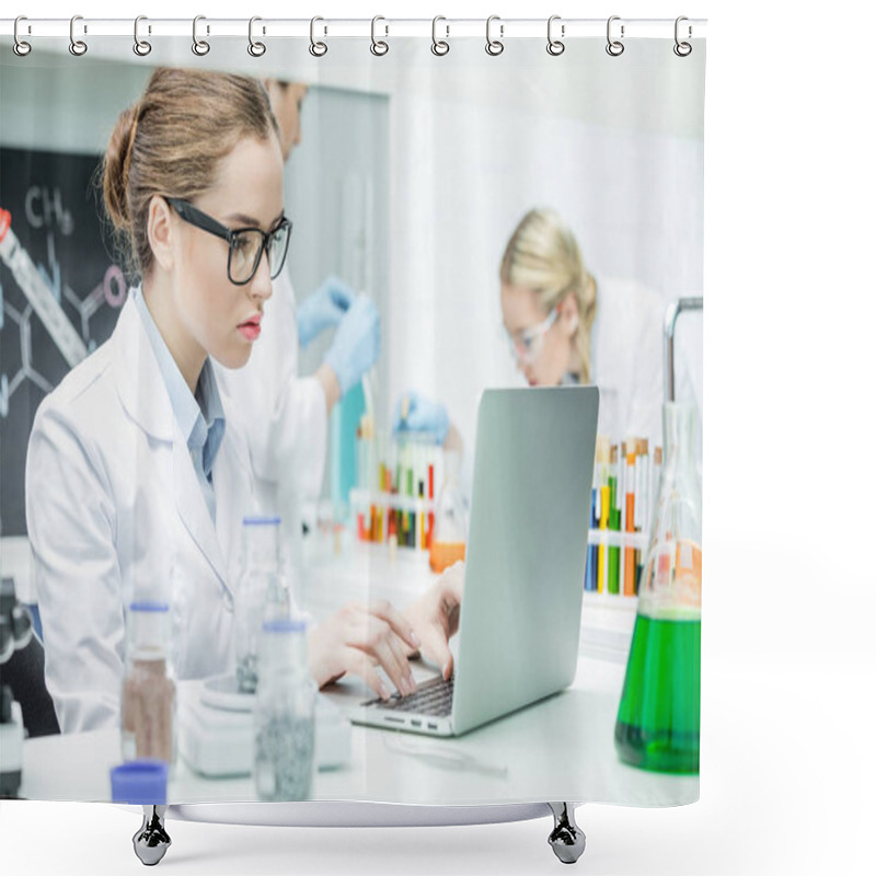 Personality  Scientist Working On Laptop Shower Curtains