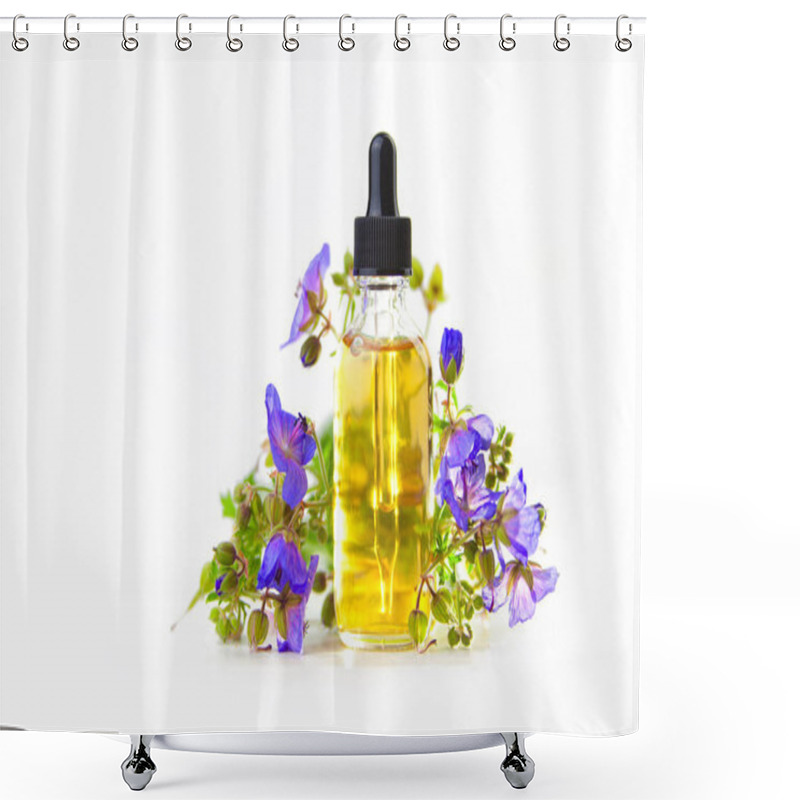 Personality  Meadow Geranium Essential Oil In  Beautiful Bottle On White Back Shower Curtains