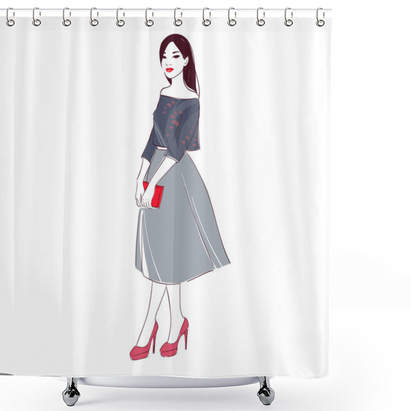 Personality  Beautiful Dark Hair Young Women In Blouse, High Heel Shoes And Midi Skirt With Handbag With. Hand Drawn Illustration. Shower Curtains