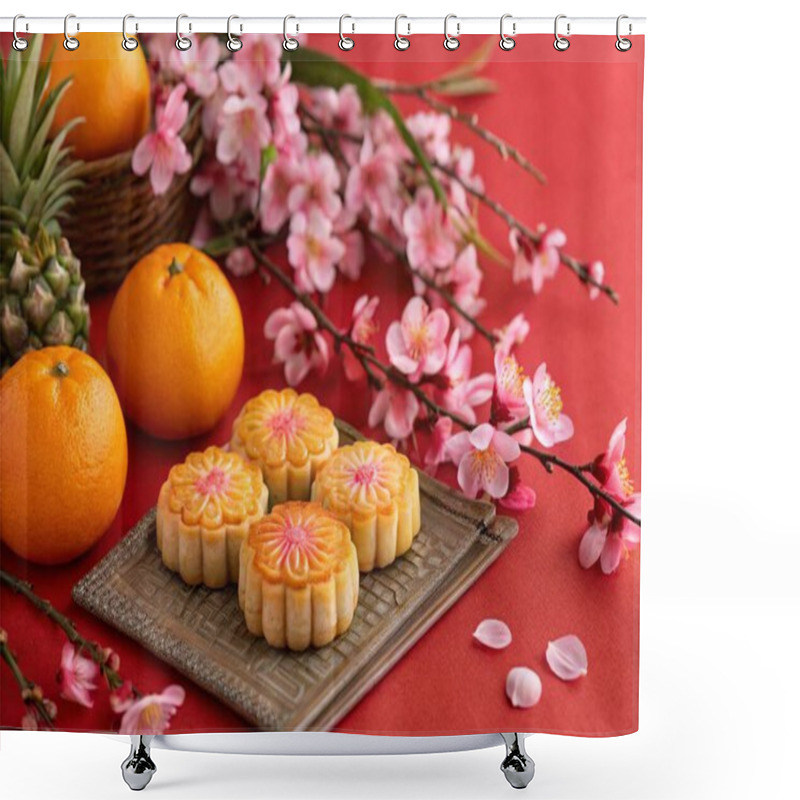 Personality  A Photo-style Still Life Image With A Rich, Warm Palette, Featuring A Traditional Asian-themed Table Setting. The Table Is Covered With A Vibrant Red Cloth And Adorned With Fresh Oranges, Small, Round Desserts With A Golden-brown Crust, Delicate Pink Shower Curtains