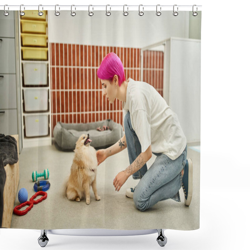 Personality  Tattooed And Purple-haired Dog Sitter Training Pomeranian Spitz In Pet Hotel, Care And Interaction Shower Curtains