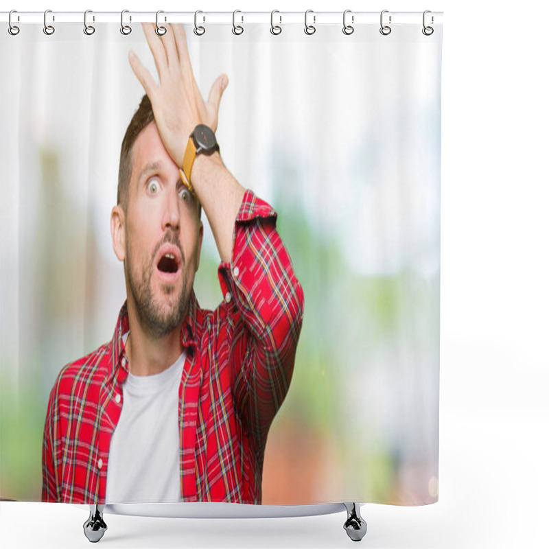 Personality  Handsome Man Wearing Casual Shirt Surprised With Hand On Head For Mistake, Remember Error. Forgot, Bad Memory Concept. Shower Curtains