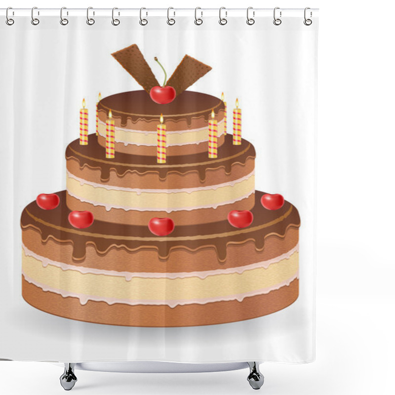 Personality  Chocolate Cake With Cherries And Burning Candles Vector Illustra Shower Curtains