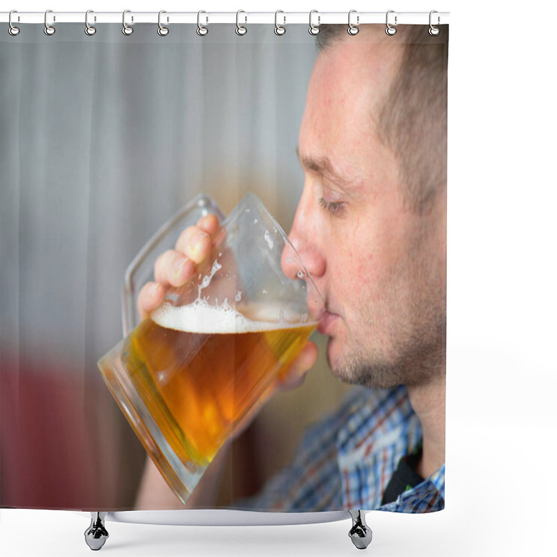 Personality  The Man Is Drinking A Fresh, Cold Alcoholic Beer From A Large Mug Shower Curtains