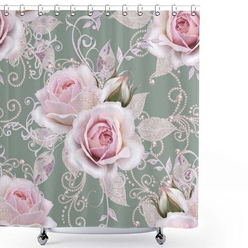 Personality  Seamless Pattern. Decorative Decoration, Paisley Element, Delicate Textured Silver Leaves Made Of Thin Lace And Pearls, Thread Of Beads, Bud Pastel Pink Rose. Openwork Weaving Delicate. Shower Curtains