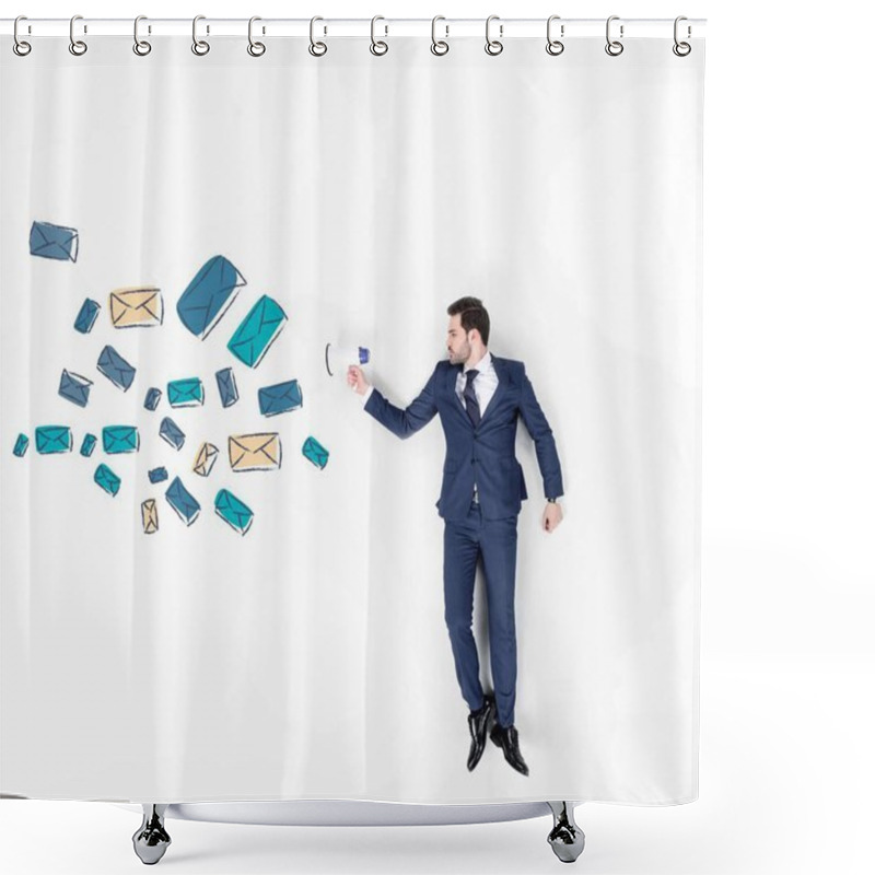 Personality  Creative Collage Of Young Businessman With Loudspeaker And Flying Mail Signs Shower Curtains