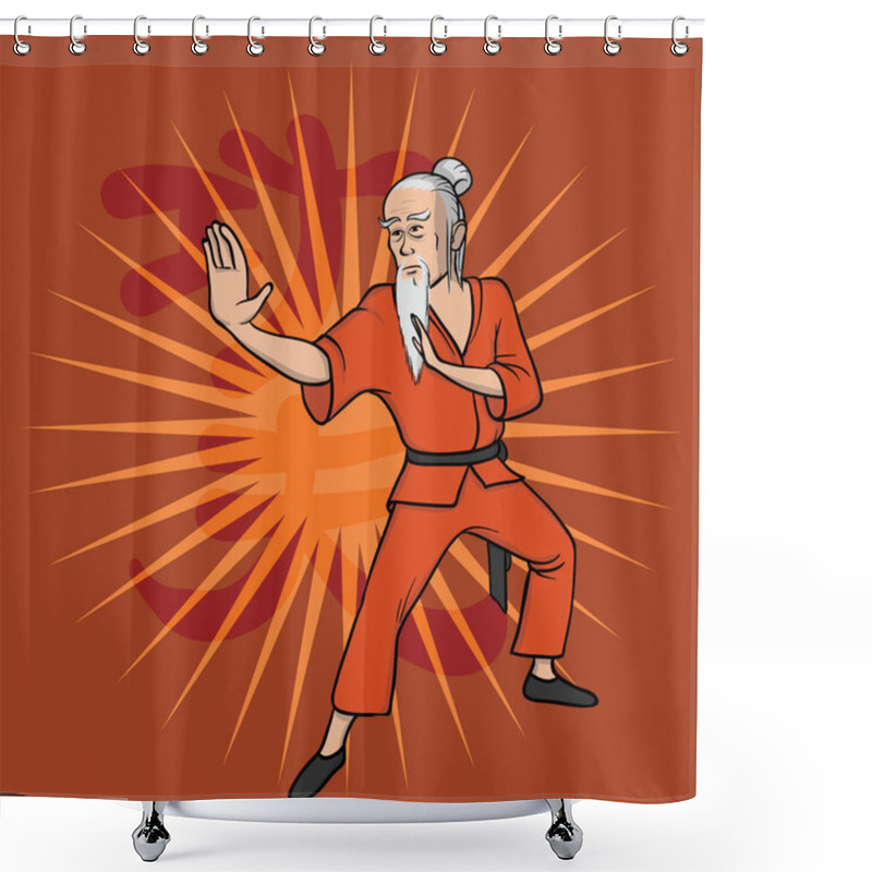 Personality  Shaolin Monk Practicing Kung Fu. Martial Art. Vector Illustration, Isolated On Red. Shower Curtains