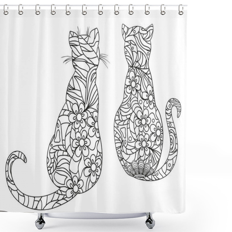 Personality  Cats On White. Zentangle. Hand Drawn Animals With Abstract Patterns On Isolation Background. Design For Spiritual Relaxation For Adults. Black And White Illustration For Coloring Shower Curtains