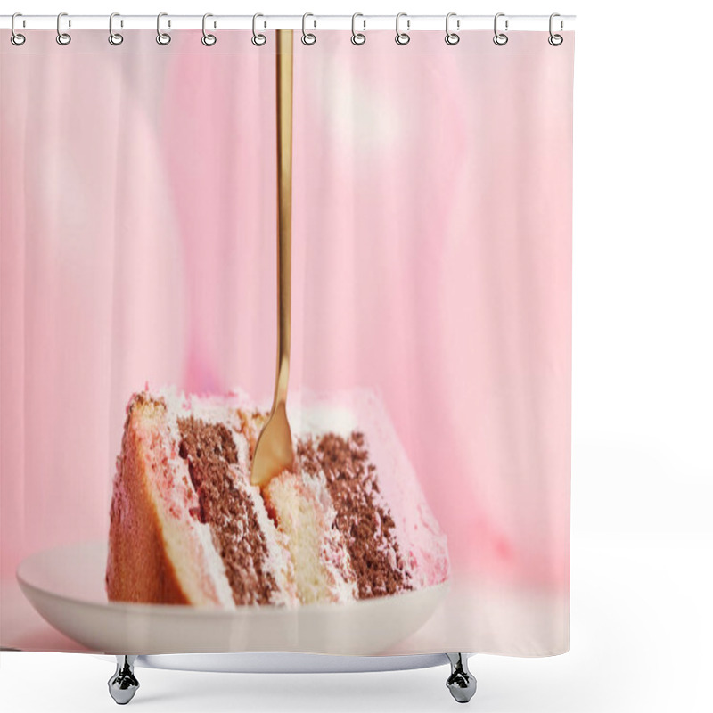 Personality  Selective Focus Of Tasty Piece Of Birthday Cake With Golden Fork In White Saucer Near Pink Air Balloons  Shower Curtains