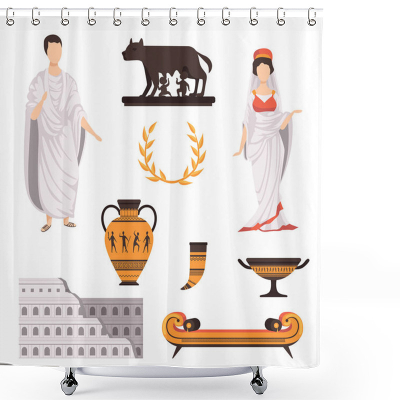 Personality  Traditional Cultural Symbols Of Ancient Rome Set Vector Illustrations On A White Background Shower Curtains