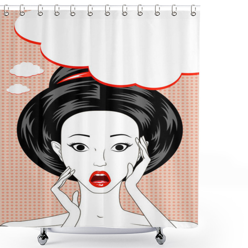 Personality  Speech Bubble Pop Art Surprised Woman Face, Open Mouth, Vector Shower Curtains