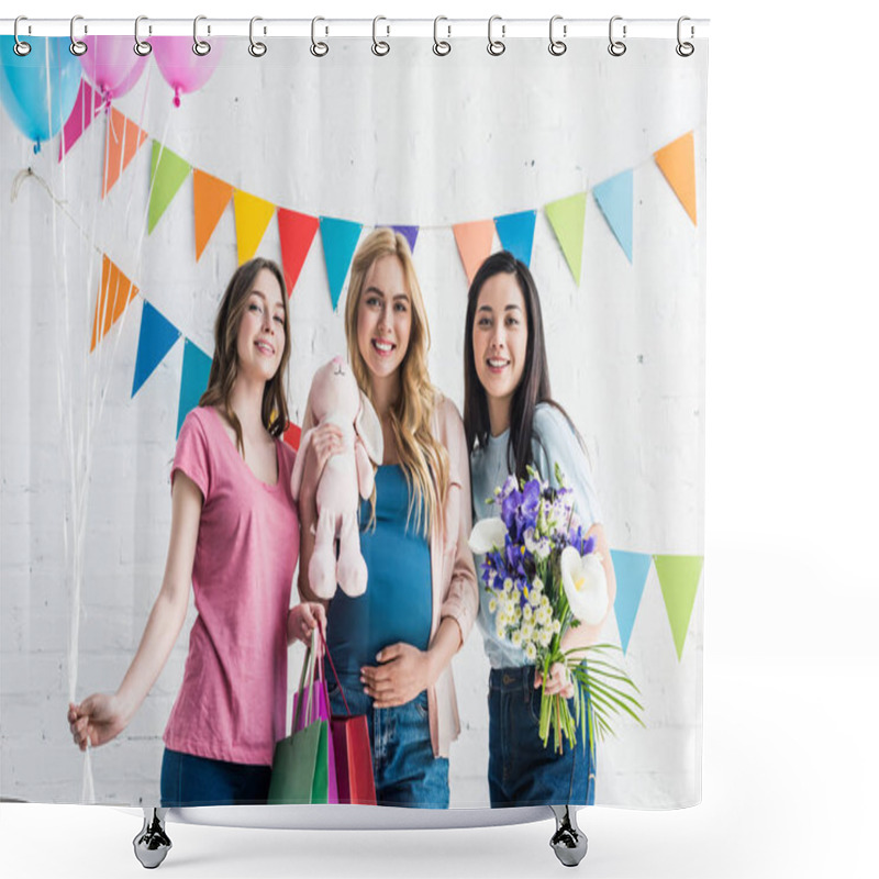 Personality  Happy Multicultural Friends And Pregnant Woman Standing With Presents At Baby-party Shower Curtains