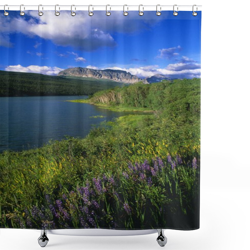 Personality  Flowers Blooming, Lake Sherburne, Glacier National Park Shower Curtains