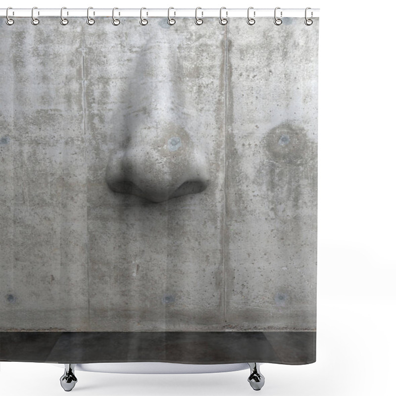 Personality  Cement Sculpture In The Shape Of A Human Nose On A Concrete Wall. Creative Conceptual Modern Art With Copy Space. 3D Rendering Shower Curtains