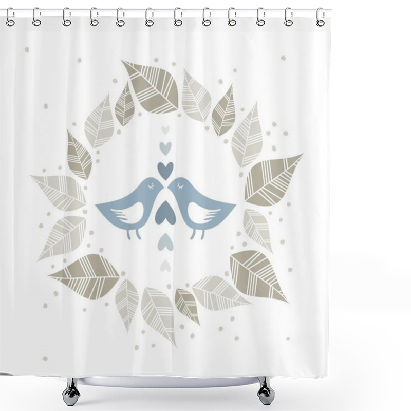 Personality  Little Blue Birds In Love With Hearts Dots And Leaves Wreath Illustration Isolated On White Shower Curtains