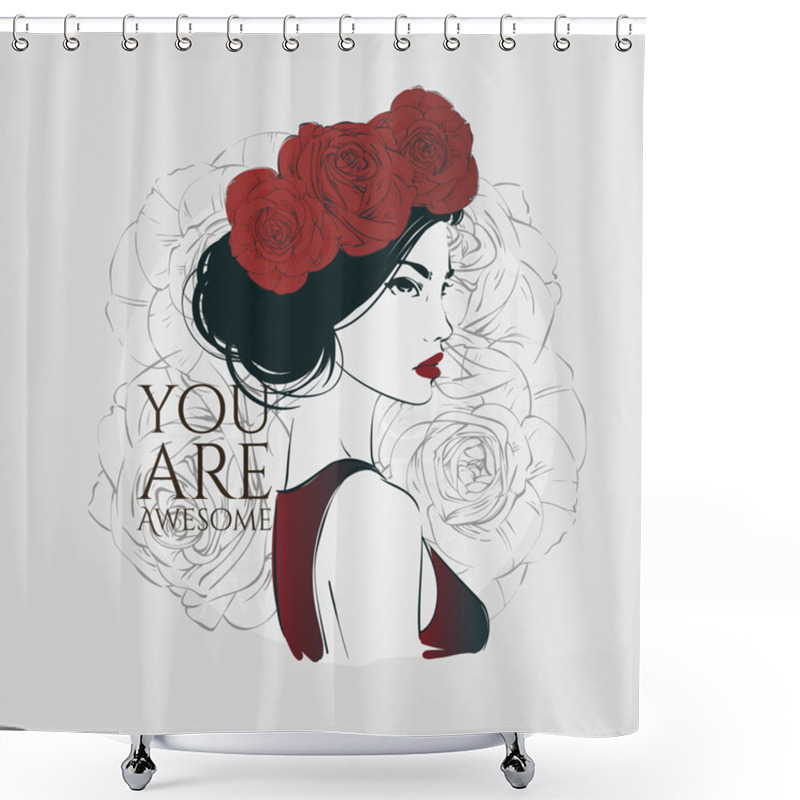 Personality  Portrait Of Young Beautiful Woman With Red Roses In Hair. Vector Hand Drawn Illustration. Shower Curtains