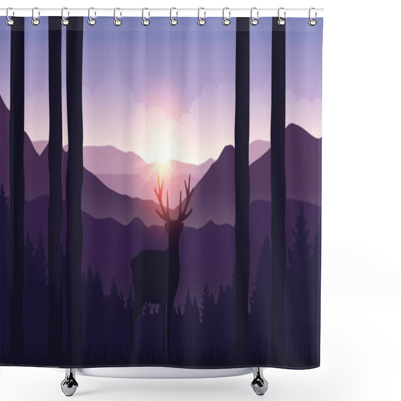 Personality  Lonely Elk In The Mountains Purple Landscape At Sunrise Shower Curtains