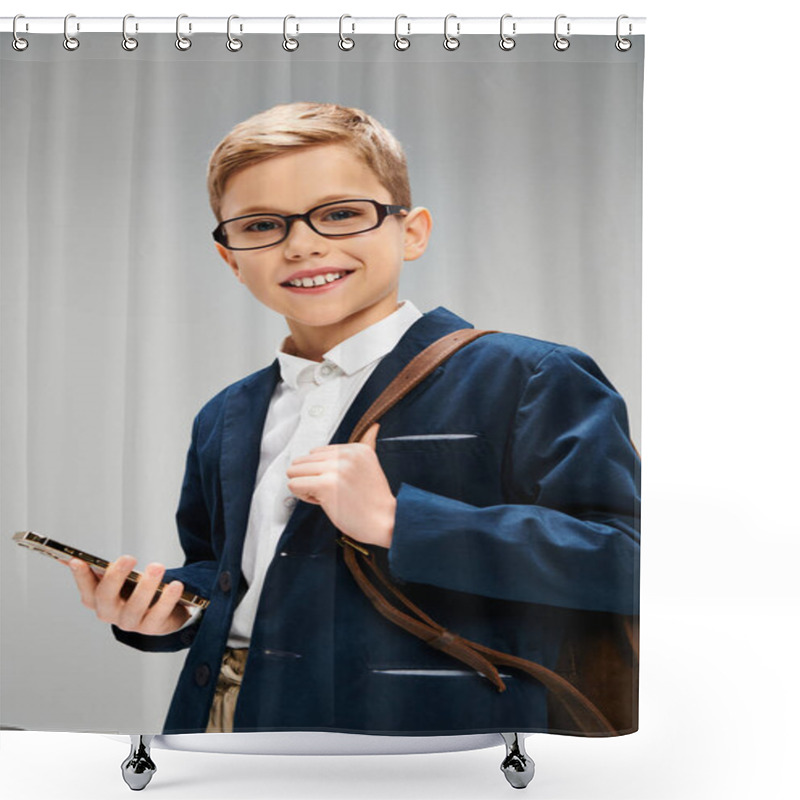 Personality  Young Boy In Glasses, Holding Cellphone. Business Concept On Gray Backdrop. Shower Curtains