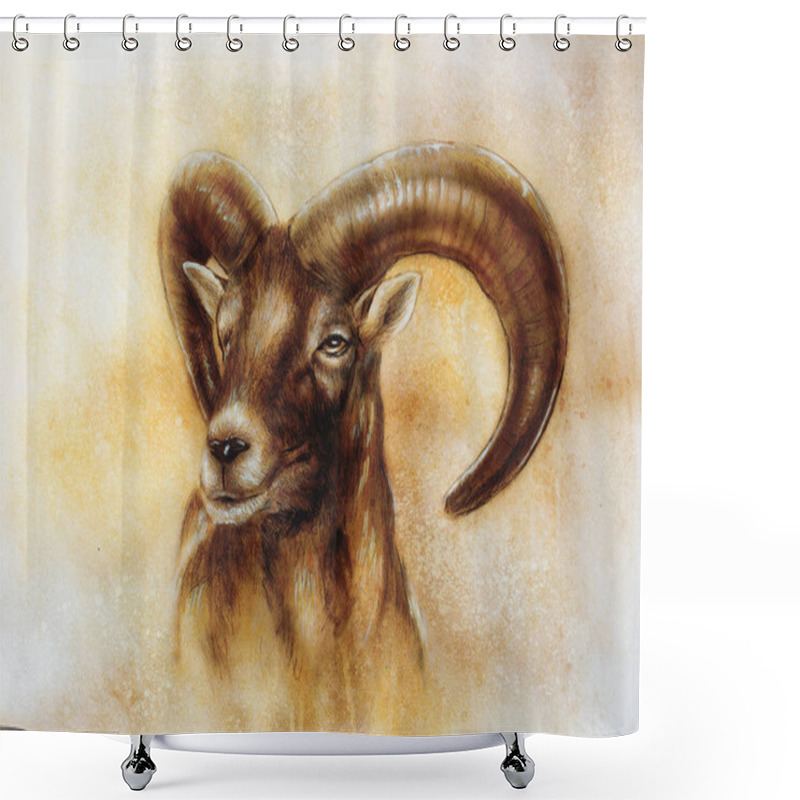 Personality  Drawing Of Male Wild Sheep With Mighty Horns On Abstract Blurry Background. Shower Curtains