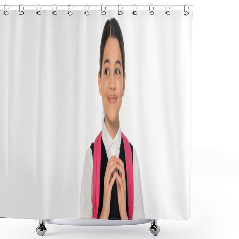 Personality  Happy Schoolgirl Having Idea, Creativity, Looking Away Isolated On White, Backpack, Banner Shower Curtains