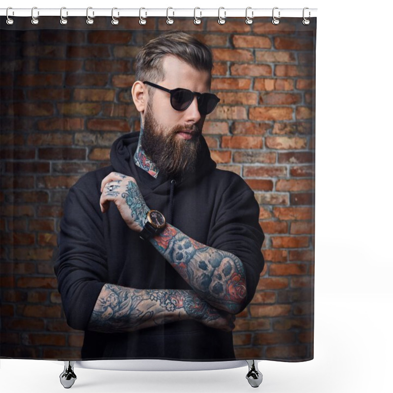 Personality  Modern Bearded Hipster Male With Tattoos Shower Curtains