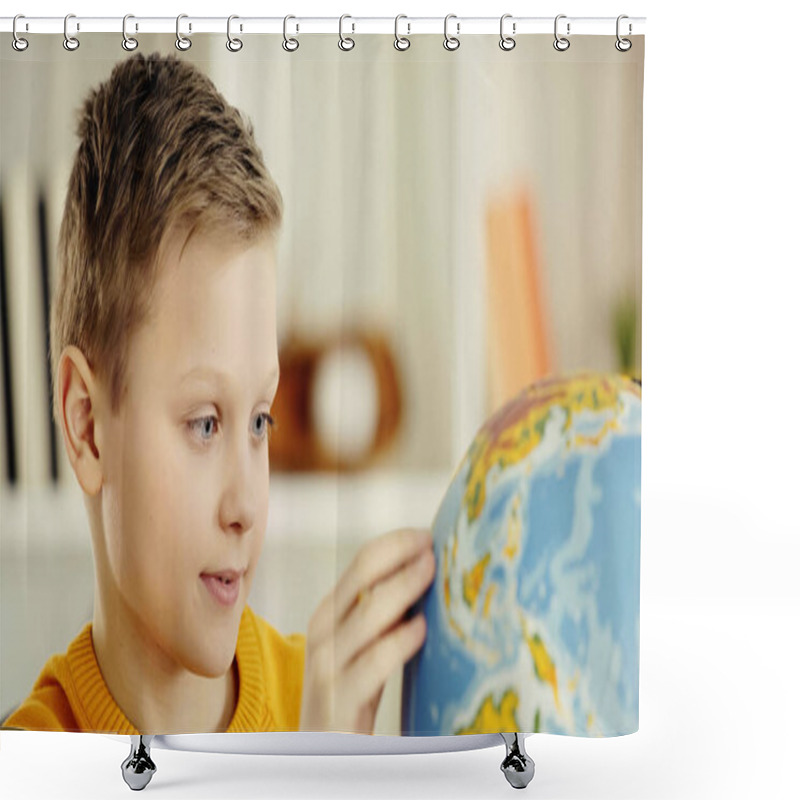 Personality  Preteen Boy With Blue Eyes Looking At Globe While Exploring World At Home  Shower Curtains