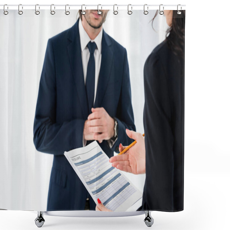 Personality  Cropped View Of Woman Holding Resume And Gesturing Near Man  Shower Curtains