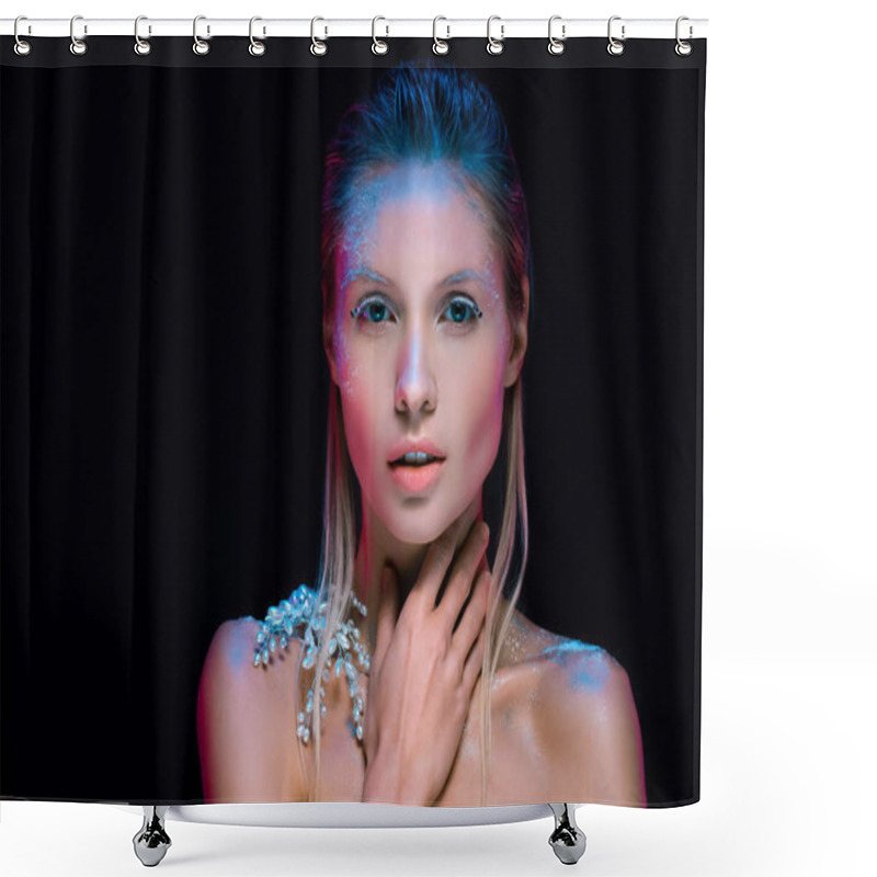 Personality  Beautiful Winter Queen Touching Neck And Looking At Camera Isolated On Black Shower Curtains