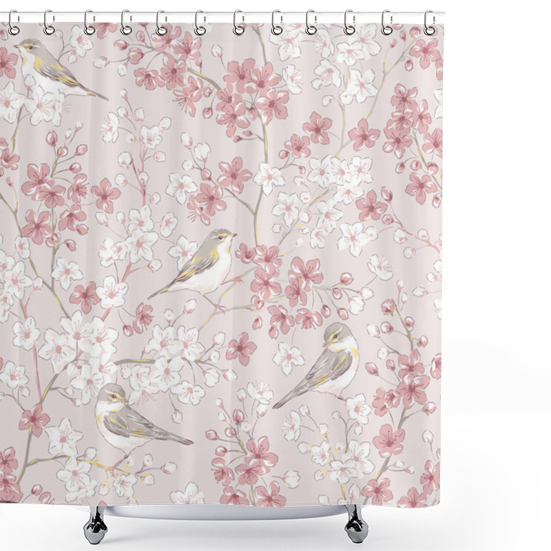 Personality  Willow Warbler Bird In Spring Sakura Cherry Blossom Garden Vector Seamless Pattern. Shower Curtains