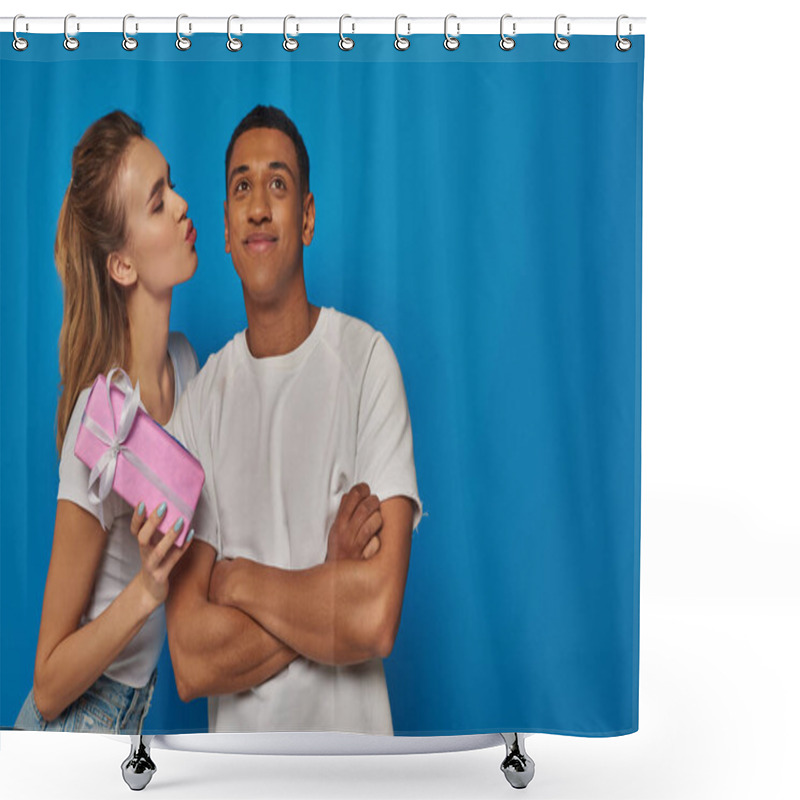 Personality  Pretty Woman Holding Present Near Cheerful African American Man On Blue Backdrop, Air Kiss Shower Curtains