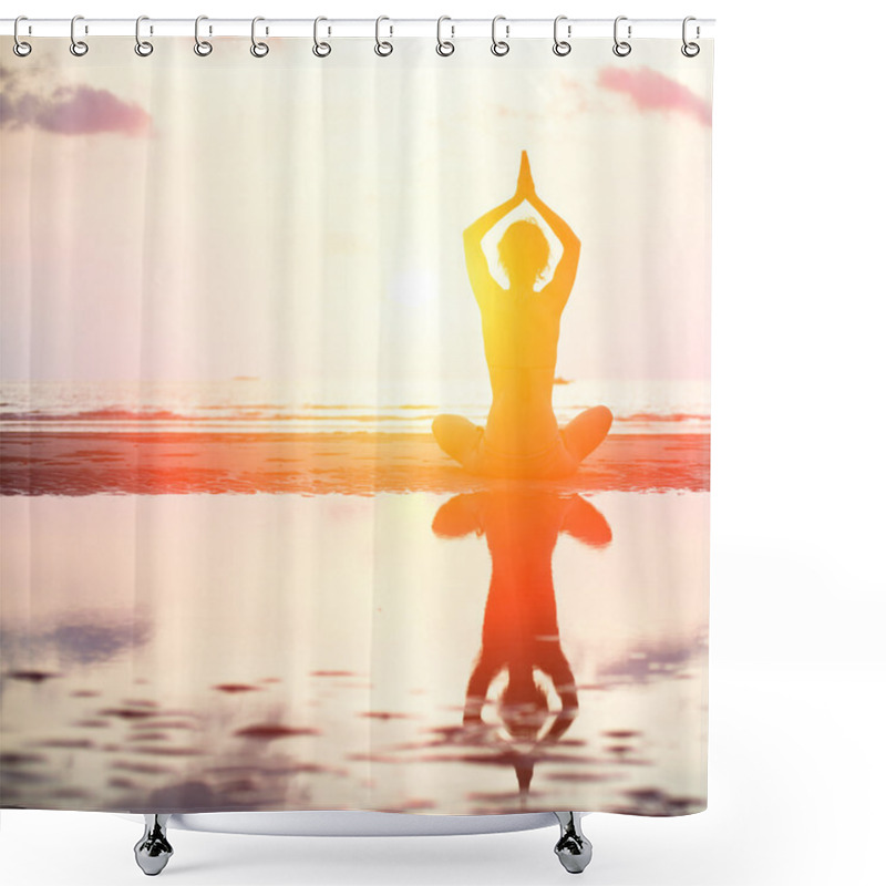 Personality  Yoga Woman Sitting In Lotus Pose On The Beach During Sunset. Shower Curtains