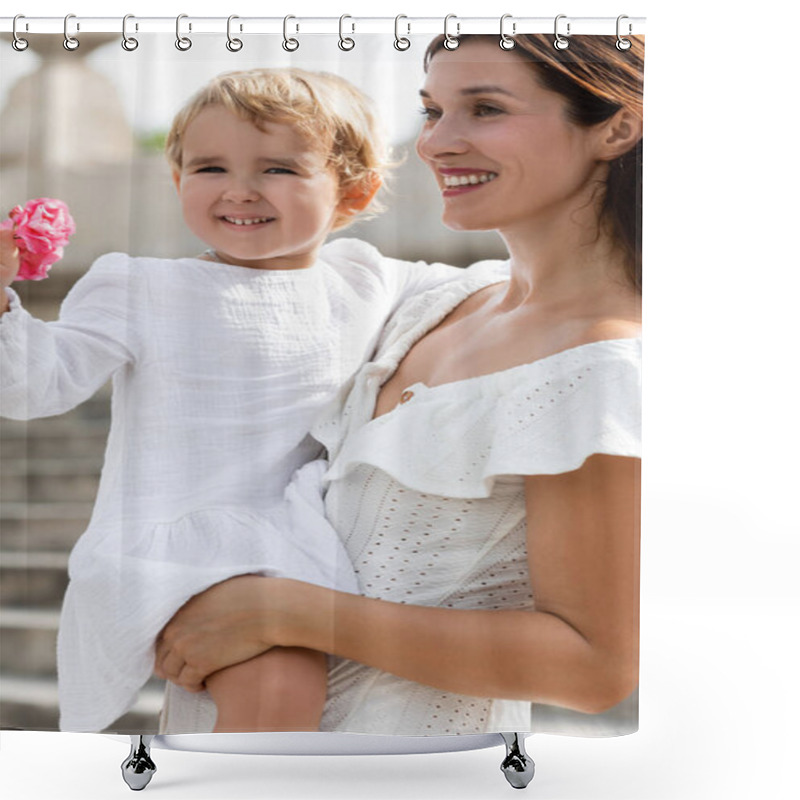 Personality  Portrait Of Mom Holding Baby With Pink Flowers In Valencia Shower Curtains