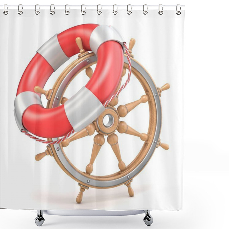 Personality  Wooden Ship Wheel And Life Buoy 3D Shower Curtains