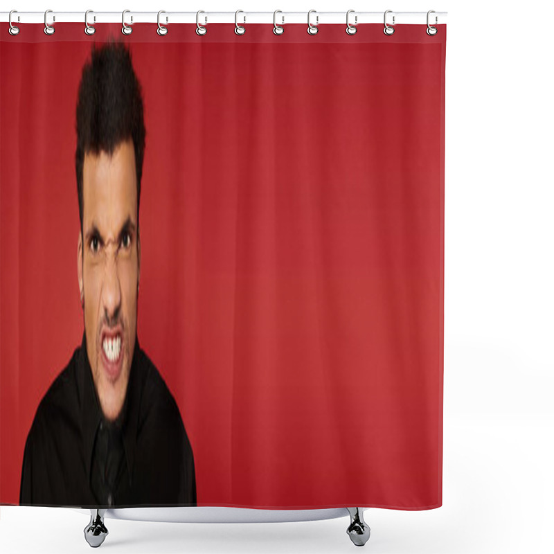 Personality  Handsome Young Man Displays A Unique Facial Expression In Front Of A Red Backdrop. Shower Curtains