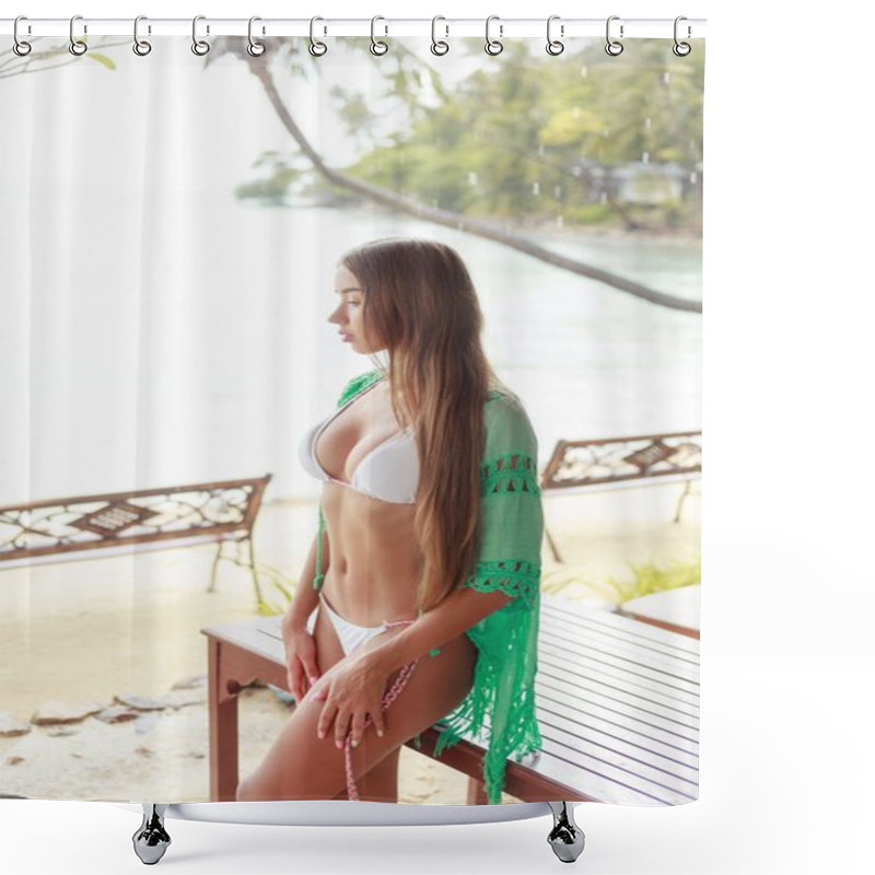 Personality  Girl In White Bikini On Tropical Resort Shower Curtains