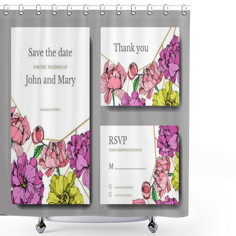 Personality  Vector Elegant Invitation Cards With Purple, Yellow And Pink Peonies Illustration On White Background With Save The Date Lettering. Shower Curtains