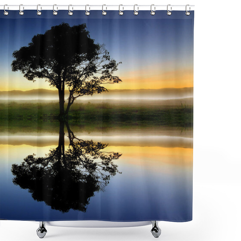 Personality  Reflection And Silhouette Of A Single Tree Shower Curtains