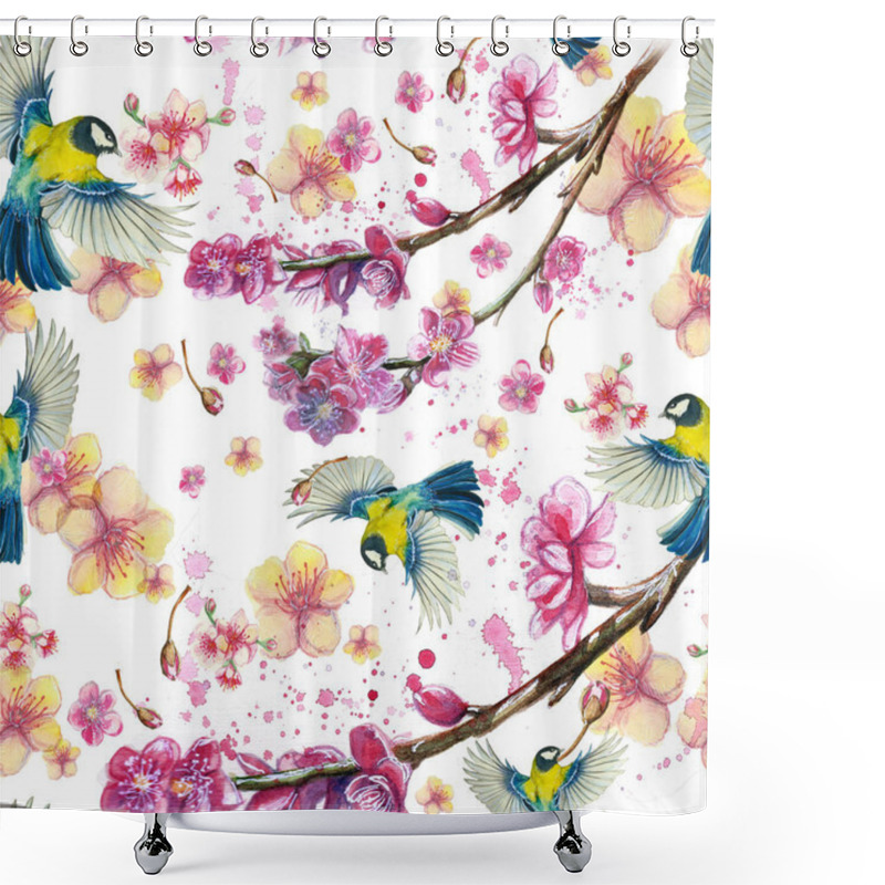 Personality  Watercolor Drawing Seamless Pattern On The Theme Of Spring, Heat, Illustration Of A Bird Of A Troop Of Passerine-shaped Large Tits Flying, With Open Wings, Feathers, With Yellow Breast And Blue Plumage, Hyperrealism, With Flowering Sakura Branches, P Shower Curtains